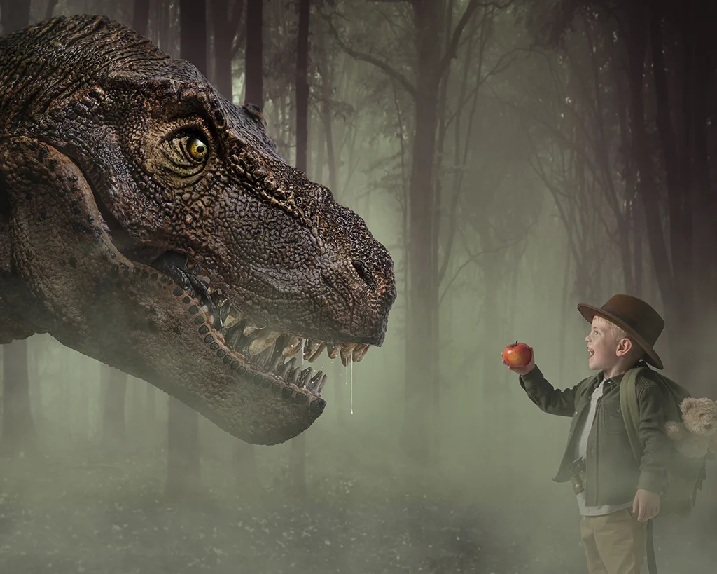 Boy Feeding an apple to a T-Rex