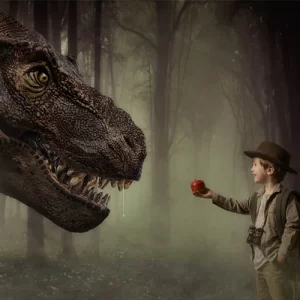 Young Man in an explorer outfit offering a red apple to a T-Rex