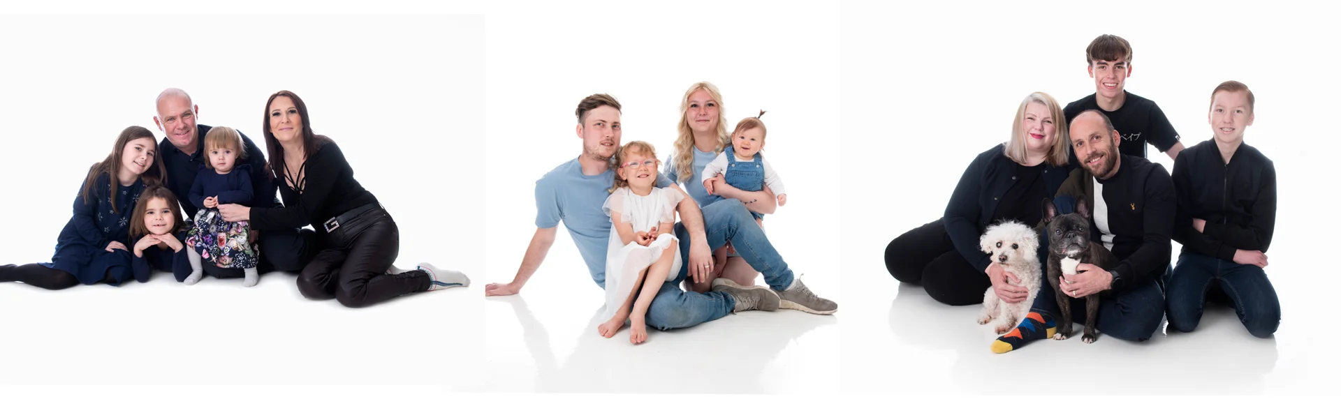 Three families posing in front of a white background.